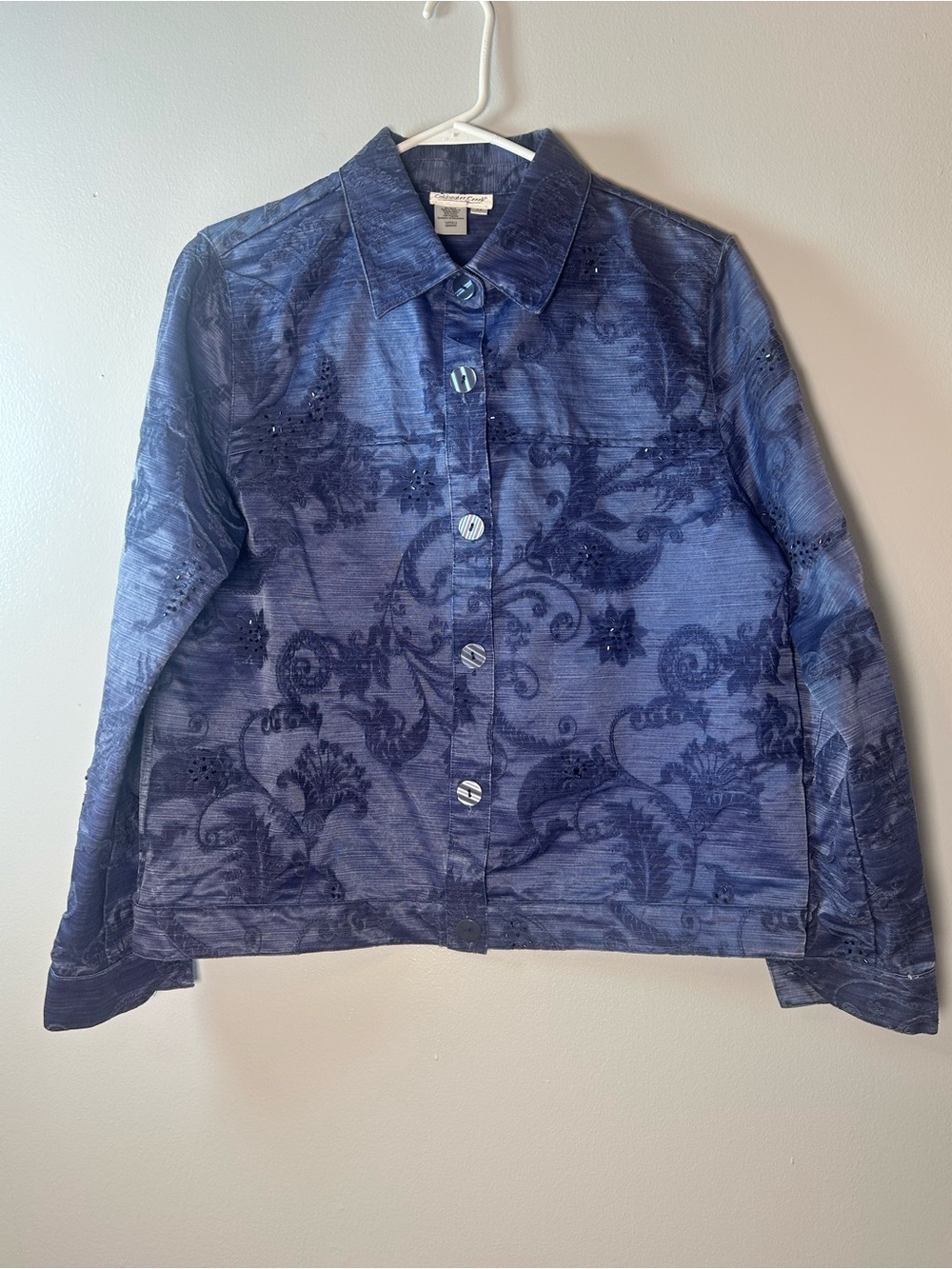 Coldwater Creek Women's Med Blue Metallic Floral Paisley Beaded Button Up Jacket